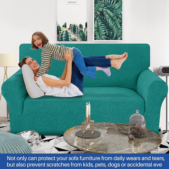YEMYHOM Couch Cover Latest Jacquard Design High Stretch Sofa Covers for 2 Cushion Couch, Pet Dog Cat Proof Loveseat Slipcover Non Slip Elastic Furniture Protector (Medium, Begonia Leaf Blackish Green)