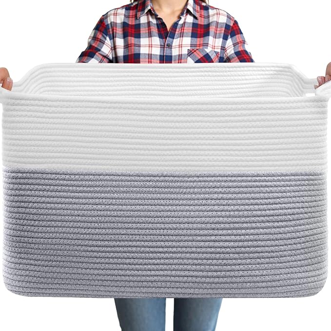 75L Large Blanket Storage Basket with Handles - White & Gray | Extra-large blanket baskets. Soft cotton, foldable, washable.Holds blankets, pillows for living room, bedroom, dorm.