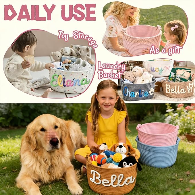 Personalized Dog Cat Toy Basket with Handles Custom Embroidery Name Cotton Rope Pet Toy Organizer Customized Puppy Kitten Toy Storage Bins for Pet Supplies Clothing Birthday Gifts