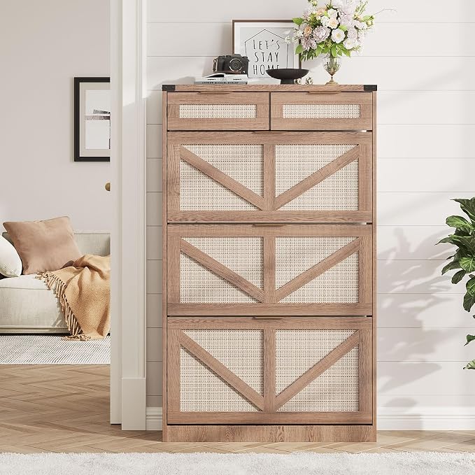 Halitaa Shoe Cabinet with 3 Flip Drawers & 2 Drawers,Freestanding Shoe Storage Cabinet for Entryway,Farmhouse Narrow Slim Organizer Rack for Foyer,Hallway,Rustic Oak Rattan