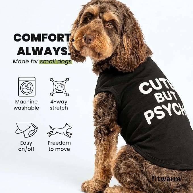 Fitwarm Cute But Psycho Dog Shirt, Summer Clothes for Small Dogs Boy Girl, Funny Pet Outfit, Black, White, Medium