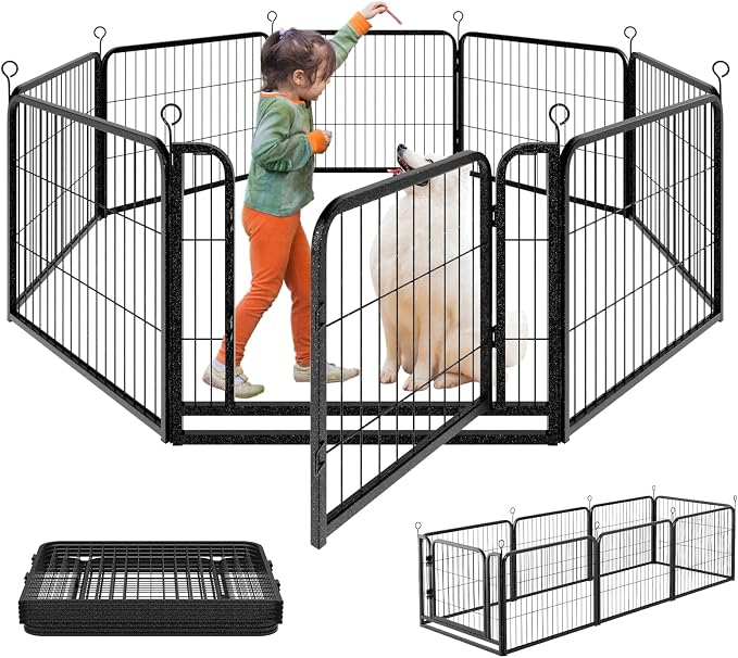 Kfvigoho Puppy Playpen 8 Panels Small Dog Fence Outdoor Indoor Use 24" | Anti-Rust Coating-Strengthened Dog Fence with Doors Portable for RV Camping Yard, Total 17FT, 25 Sq.ft, Snowy Black