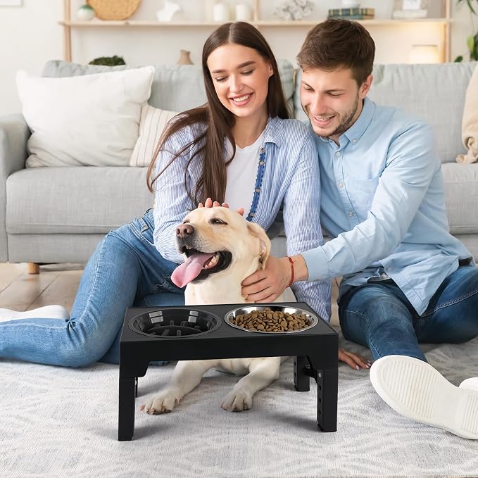PAWISE Elevated Dog Bowls, 5 Height Adjustable Raised Dog Bowl Stand with 1 Slow Feeder Bowl & 2 Stainless Steel Bowls, Non-Slip Dog Feeding Station for Large, Medium, Small Dogs and Cats, Black