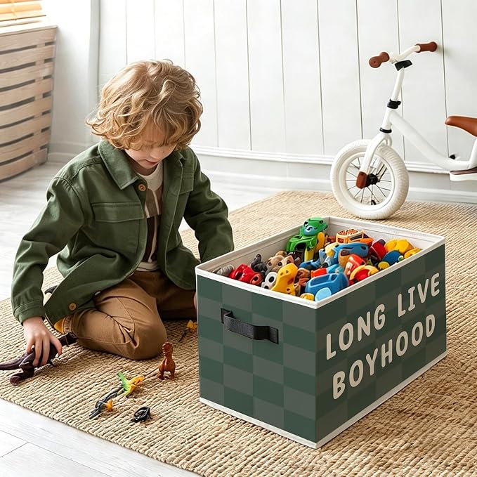 Boy Nursery Foldable Storage Bins Box with Handles, Long Live Boyhood Green Checkered Decorative Storage Boxes Baskets Toybox Organizer for Kids Boy Nursery Toddler Room Bedroom Playroom