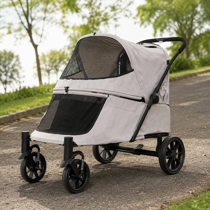 Outdoor Transport Cart Pet Folding Enclosure Steel Carrier Mesh Ventilated Window Easy Entry Four Wheels Suitable for Pet Walks Shopping, Silver Gray, Silver Gray