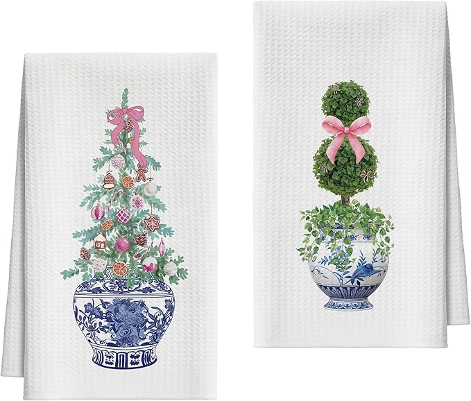 Kitchen Towels Set of 2, Blue and White Porcelain Chinoiserie Dish Towel for Kitchen Bathroom, Pink Bow Decorative Hand Towels, Housewarming for Women Mom Hostess -10