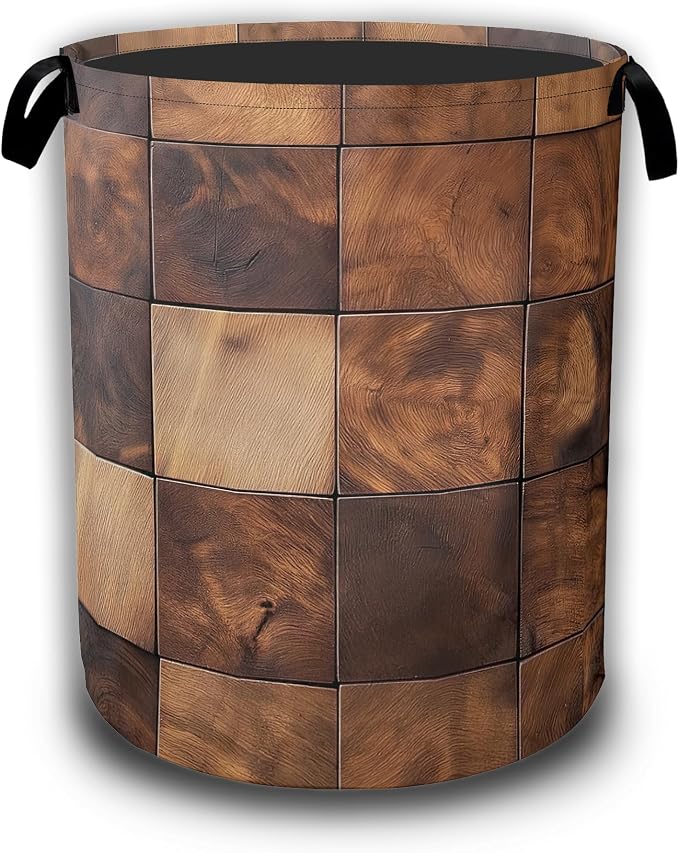 Brown Wood Squares Laundry Basket, Laundry Hamper Waterproof Oxford Cloth Tote Collapsible,Clothes Storage Bucket Decorative Toy Organizer For Bathroom Bedroom 16" x 20.8"