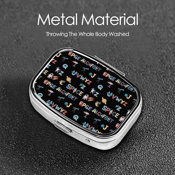 AM/PM Pill Organizer Small Travel Case Medication Reminder Supplement Box Nurse, Space Solar System Galaxy Science Rocket Planet Astronaut English Alphabet