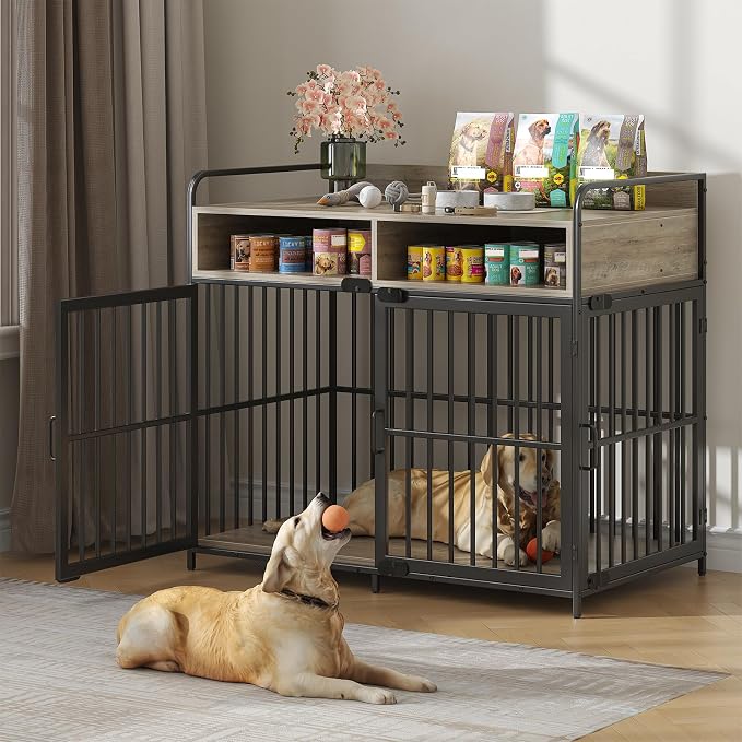 Large Furniture Dog Crate, Dog Kennel Indoor, Wood Dog Cage Table with Drawers Storage, Heavy Duty Dog Crate, Jaula para Perros, Sturdy Metal, 40.5" L×23.6" W×35.4" H, Rustic Grey