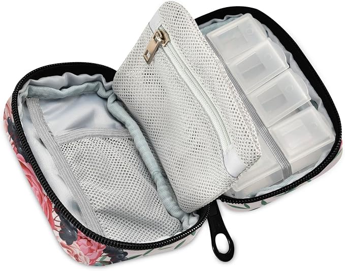 Custom Pill Box 7 Day Pill Case Bag Blossom Flower Personalized Name Travel Pill Organizer Bag with Zipper Portable Weekly Case Compact Size for Vitamin Supplement Holder