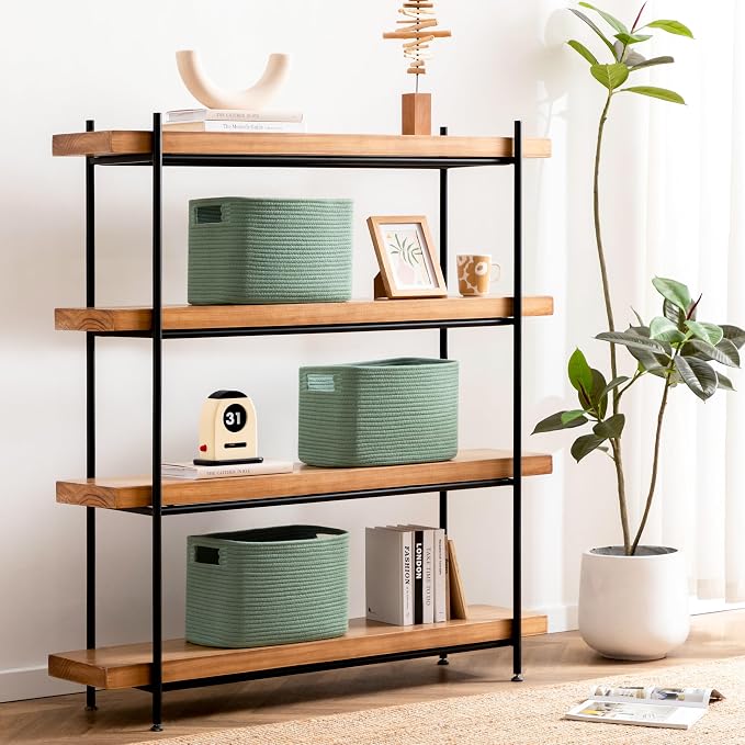 4 Pack Storage Baskets for Organizing, Shelf Baskets with Handles, Green | 14.5"Lx9.8"Wx9"H, Woven Basket, Cotton Rope Basket, Toy Storage, Cube Shelf, Gift Baskets Empty, Home Decor