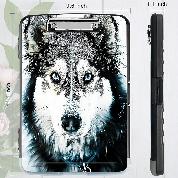 A4 Clipboard with Storage Pen Holder, Clipboards Organizer Nursing Clipboard Foldable File Folder Plastic Clipboard Folio Clip Board for Office Work Classroom Doctor, Huskies in Snow