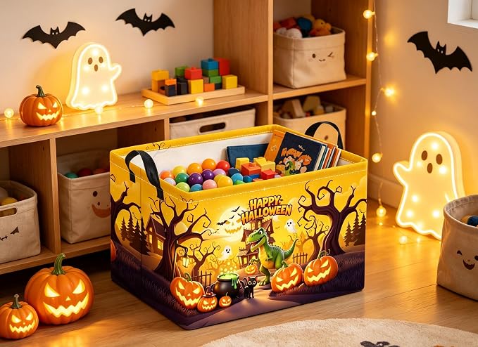 Rectangular Halloween Basket for Boys and Girls Kids Trick or Treat Pumpkin Basket for Halloween Parties Cute Storage Bin Organizer Box Room Decor(Halloween Dinosaur)