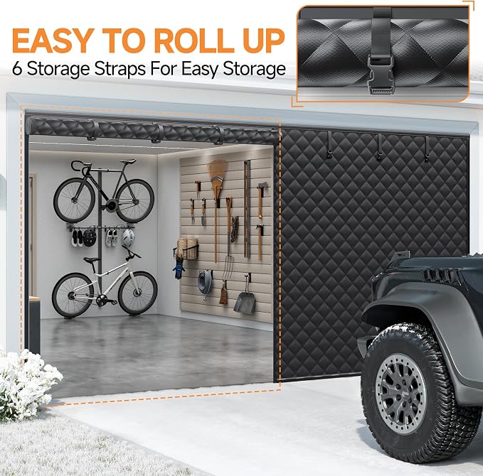Car Garage Door Insulation Kit Fits 16x7 FT, Magnetic Thermal Insulated Door Curtain for Winter, Thermal Door Cover for Cold with Thickened Cotton, Garage Door Screen for 2 Car - Black