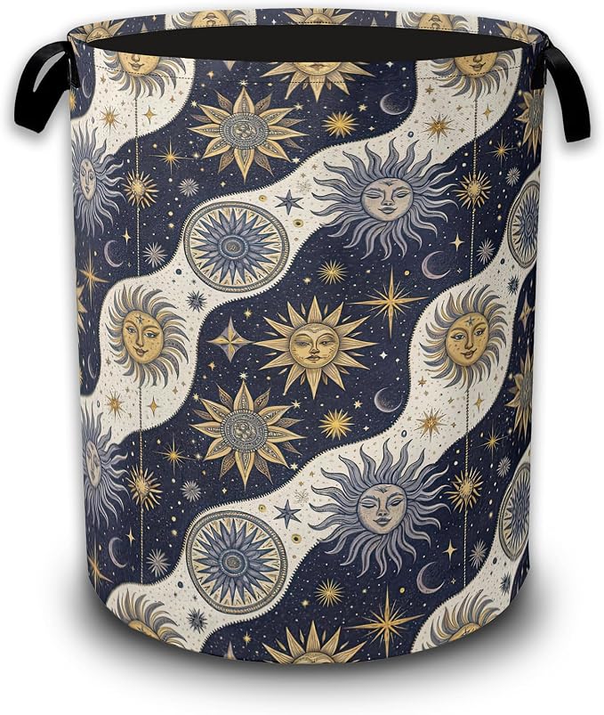Celestial Golden Sun Moon Laundry Basket,Laundry Hamper Waterproof Oxford Cloth Tote Bag,Clothes Storage Bucket Decorative Toy Organizer for Bathroom Bedroom 16" x 20.8"