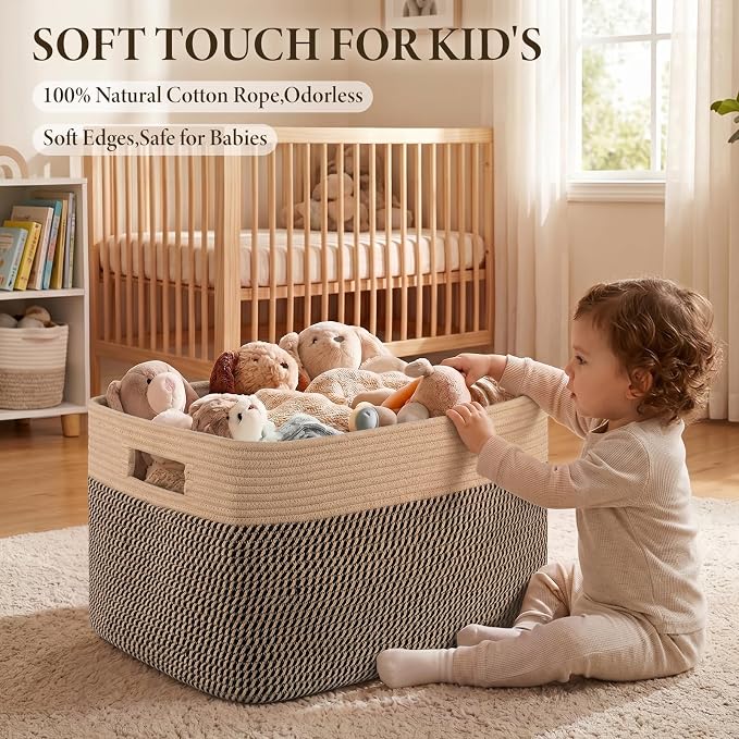 75L Large Cotton Rope Basket, Soft Toy Storage Bin for Nursery & Living Room, Decorative Blanket Basket for Bedroom, Baby-Safe Organizer for Pillows &Laundry, 22''×17''×12'', Brown & Black