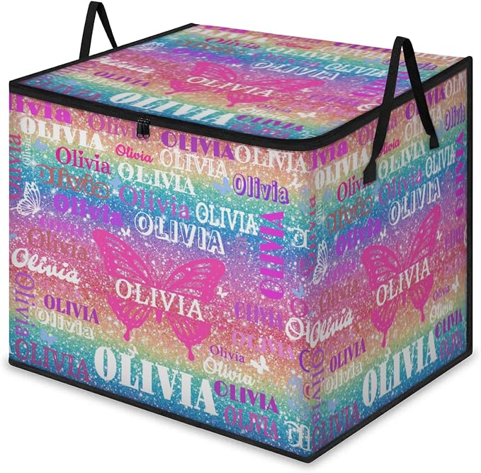 Personalized Name Large Storage Basket with Lid, Bling Bling Colorful Glittering with Butterfly Storage Bins Quilt Clothes Organizer for Bedroom, Kitchen, Bathroom, Nursery, Shelves, Closets