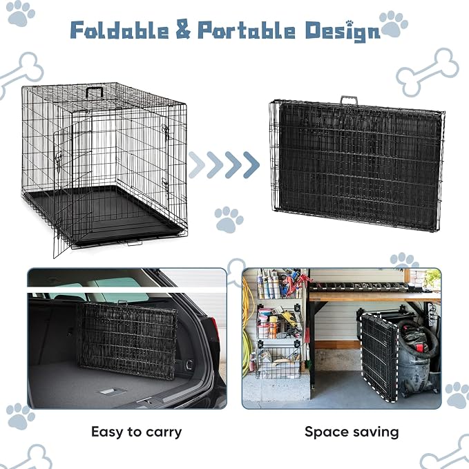 DUMOS 48 Inch Dog Crate, Foldable Medium Large Dog Cage Pet Kennel | Double Door Metal Wire, Plastic Leak-Proof Pan Tray, Portable Indoor Outdoor Training Travel