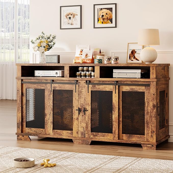 71'' Dog Crate Furniture for 2 Dogs, Extra Large Double Dog Kennel Indoor with Removable Divider and Storage Drawers, Wooden Dog Crate TV Stand for Large Medium Dogs