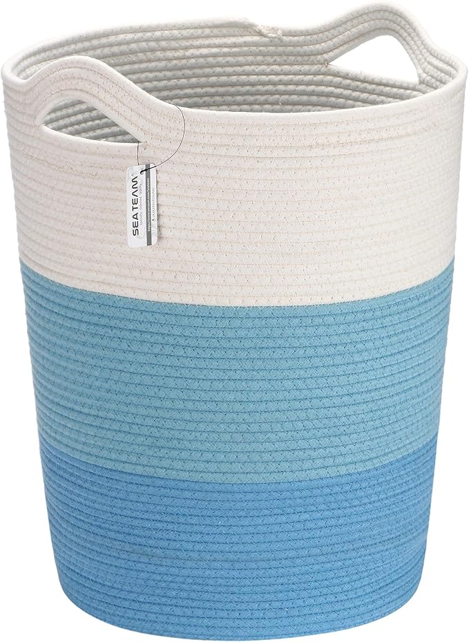 Sea Team Large Woven Cotton Rope Laundry Basket with Handles, 20 x 14 in | Collapsible Knitted Hamper, Closet Shelf Organizers, Containers for Clothing, Blankets, Toys, Bedding, Blue