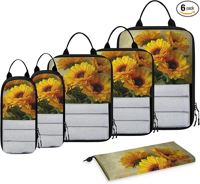 TropicalLife Sunflower Floral 6 Set Compression Packing Cubes | Compressible Expandable Luggage Suitcase Organizer Bags Space Saver Bags for Carry on