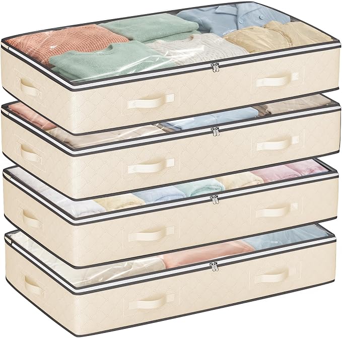 95L Underbed Storage Containers, 4 Pack Closet Organizers Beige | Underbed Storage Bags for Blankets, Towels, Comforter, Sweaters, Linen Sheets, Wrapping Paper