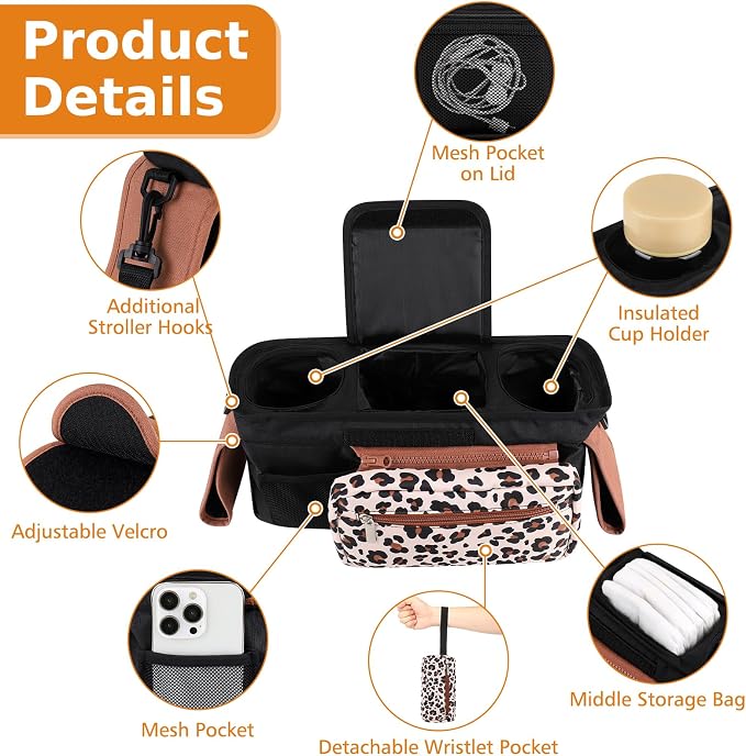 Accmor Universal Stroller Organizer with Insulated Cup Holder Detachable Phone Bag and Shoulder Strap,Stroller Bag Caddy Organizer for Uppababy, Baby Jogger, Britax Strollers