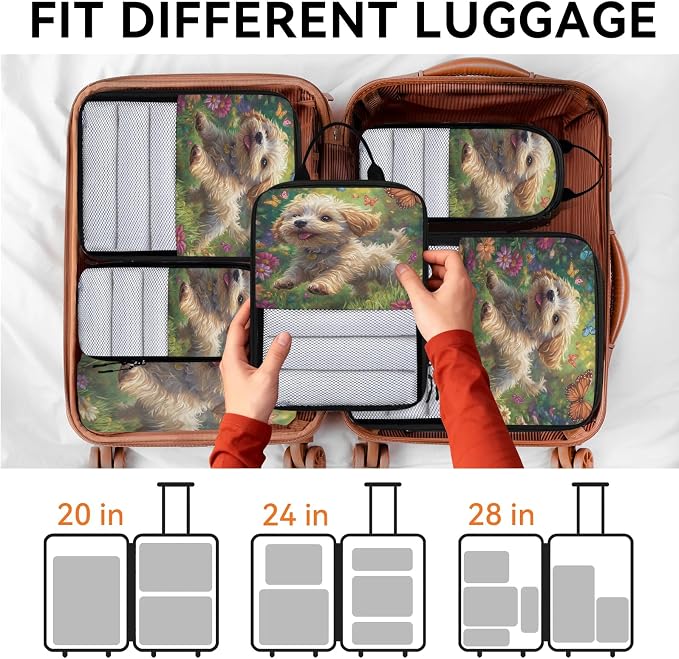 Cute Dog 6 Set Compression Packing Cubes Puppy Expandable Packing Organizer for Travel Accessories Luggage Suitcase Bag