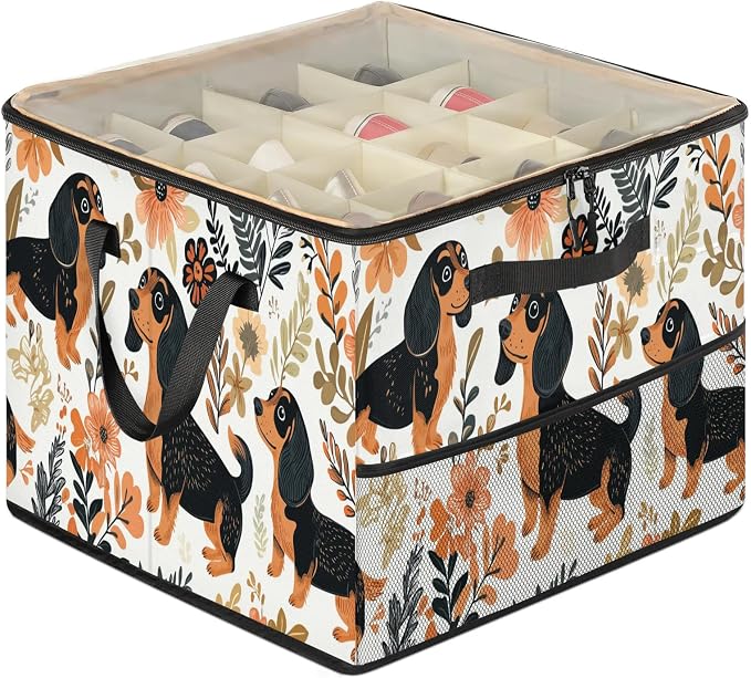 TropicalLife Funny Dog Shoe Organizer for Closet | Spring Floral Foldable Shoe Storage Organizer Box Bin with Adjustable Dividers and Clear Cover, Fits up to 16-32 Pairs