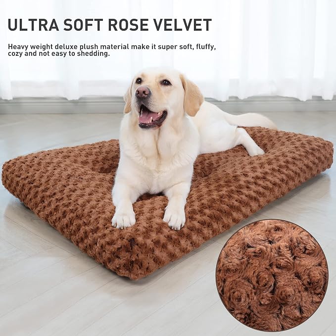 KSIIA Washable Dog Beds Large Sized Dog Crate Bed Pet Mat 41"x27" Brown | Deluxe Plush Comfy Kennel Pad, Anti-Slip Bottom,Deep Sleeping Mat for Large Dogs,Machine Washable for Easy Cleaning