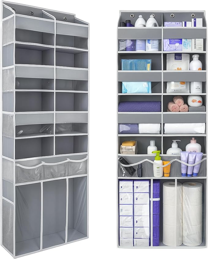 Extra Large Over The Door Organizer with Clear Pockets - 8 Compartments & XL Bottom Storage, Heavy-Duty Hanging Organizer for Bathroom, Bedroom, Closet (57 Inch Height).