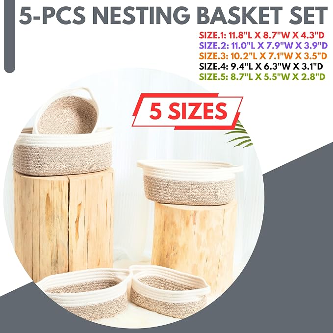5-Piece Small Decorative Woven Storage Baskets Set for Shelves, Bathroom, Pantry and Nightstand Organizer, Catch All Tray for Organizing Gifts, Dog and Cat Toys, Light Brown