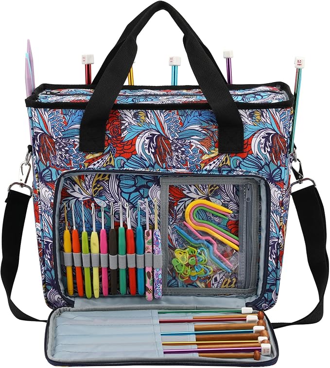 Yarn Knitting Storage Tote-Large Capacity Crochet Organizer Portable Travel Bag with Shoulder Strap Crochet Hooks Case for Unfinished Bulk Project