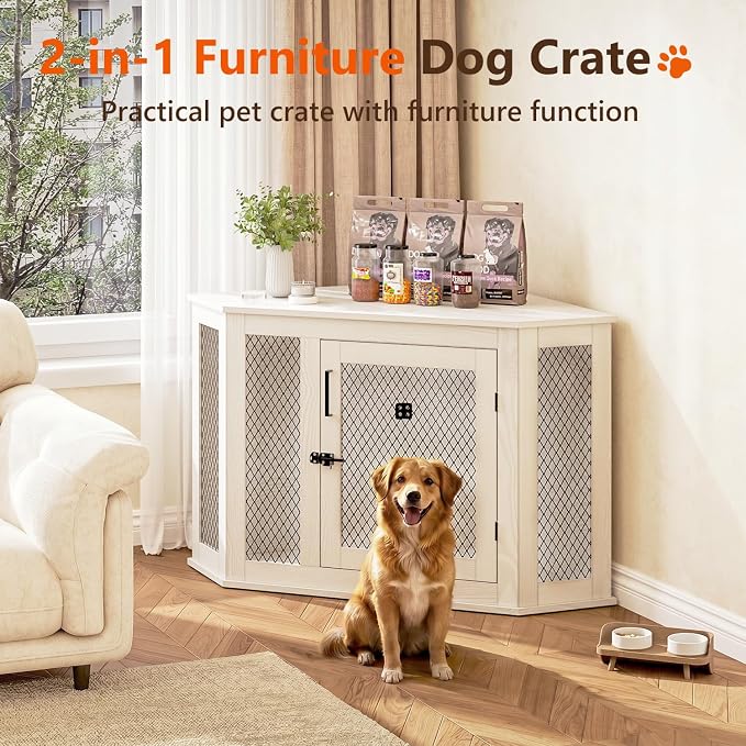 52" Corner Dog Crate Furniture, Wooden Dog Kennel Indoor | Corner Dog Kennel Furniture for Medium-Large Dogs, White Space-Saving Decorative Indoor Pet House with Mesh Door & Lock