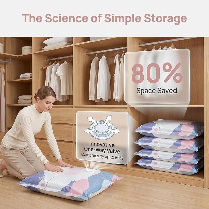 No‑pump Vacuum Storage Bags - 3-Sec Fast Compression, Heavy-Duty Travel Vacuum Bags Without Pump, Reusable Large Cube Vacuum Seal Bags, Press & Seal, Keeps Clothes Dry & Dust‑Free (M,4PCS)