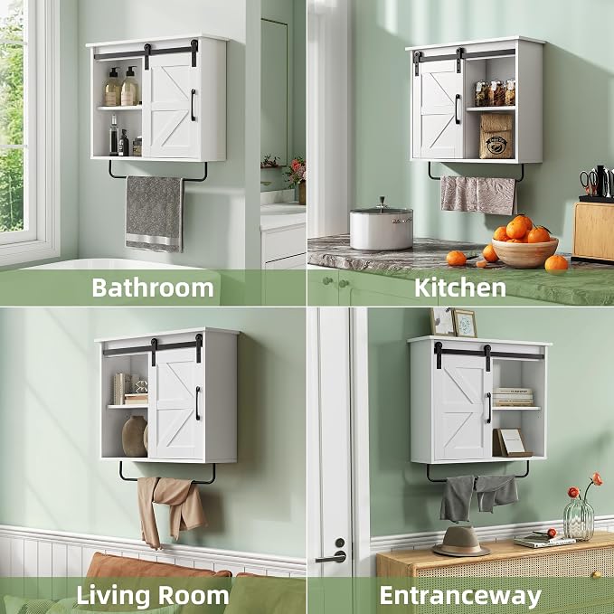 23" Bathroom Wall Cabinet with Sliding Door, Towel Bar & LED Light | 3-Tier Adjustable Shelves, Rechargeable Motion Light and Space-Saving Over-Toilet Storage for Bathroom, Laundry Room, Kitchen