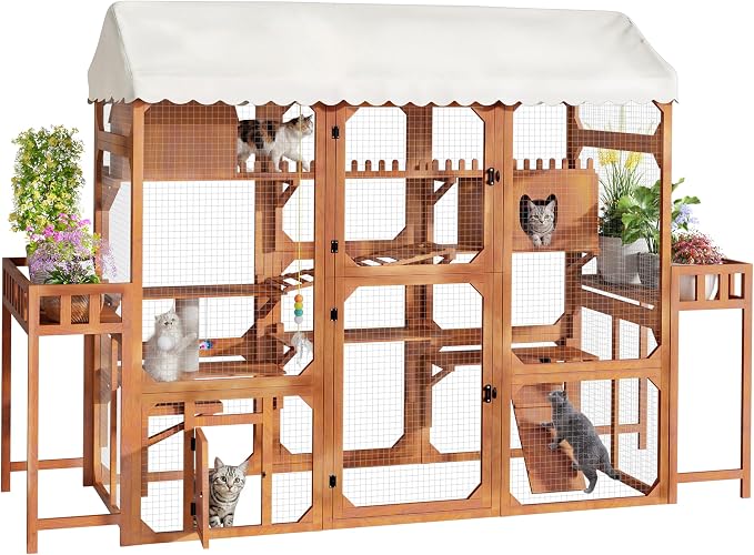 Large Outdoor Cat Enclosure Wooden Catio with Multi-Level Play Platforms, Climbing Ramps, Resting Boxes, Pom-Pom Toys & 2 Plant Stands, Weather-Resistant Roof & Wire Mesh for Backyard Patio, Brown