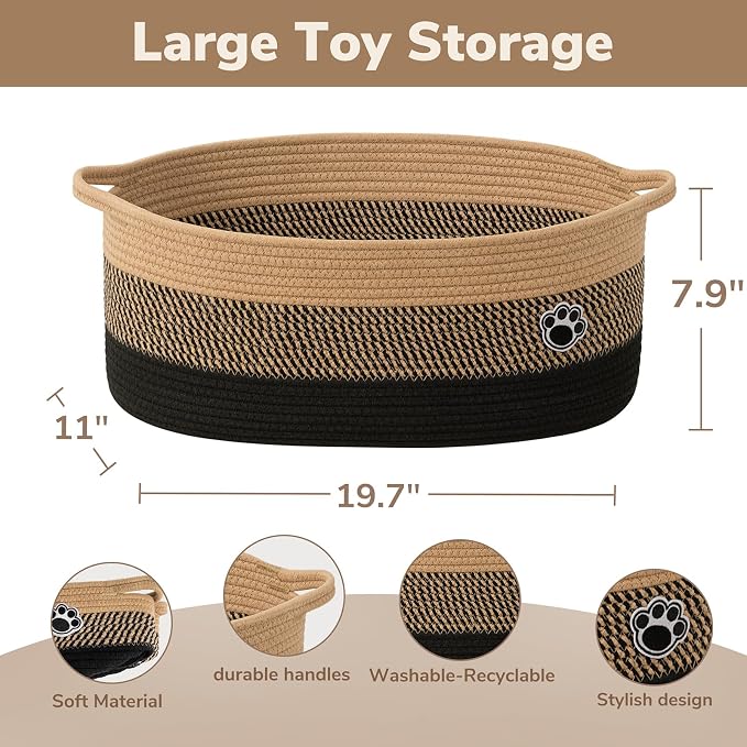 30L Large Woven Rope Dog Toy Basket with Paw Print, Black Brown | 19.7" x 11" x 7.9" Dog Toy Bin & Box with Handles, Storage Basket for Blankets Towels, Fits Living Room Nursery Bedroom