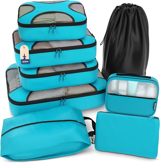 Shacke 8 Set Packing Cubes for Travel, Shoe & Toiletry Bags (Aqua Teal) | Complete Suitcase Organizer Bags Set: 4 Luggage Packing Cubes + Laundry, Shoe, Toiletry & Accessories Bags for Any Trip