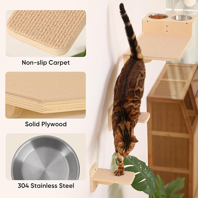 FUKUMARU Cat Wall Shelves, Food Station with 2 Steps | 3 in 1 Cats Walls Furniture Set, Birch Plywood Perch, Suitable for Kitten Play, Nap, Eat, DIY Wall Jungle Gym