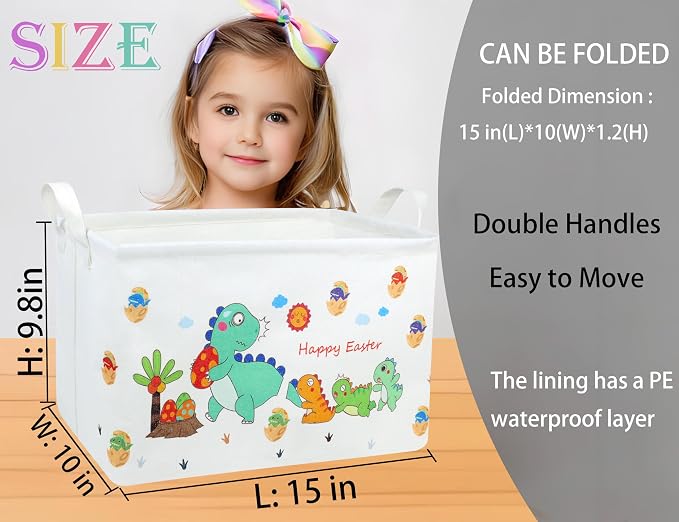 Large Rectangular Easter Baskets Empty Waterproof Boy Toy Box Foldable Kid's Gifts Storage Bin Spring Room Decor(Arrange Dinosaur Egg)