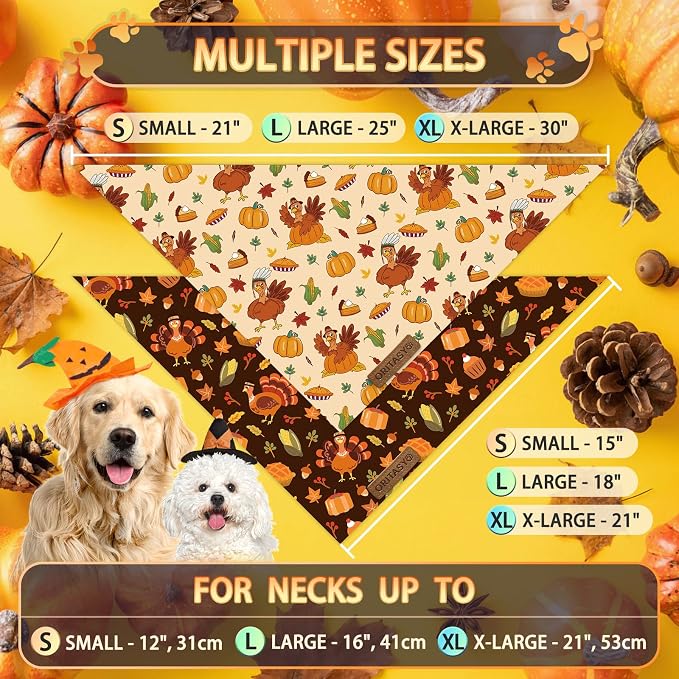 Thanksgiving Fall Dog Bandanas, 2-Pack Triangle Reversible Turkey Pumpkin Pet Scarves, Premium Fabric, Bandana for All Boys Girls Dogs (Large, Style 1)