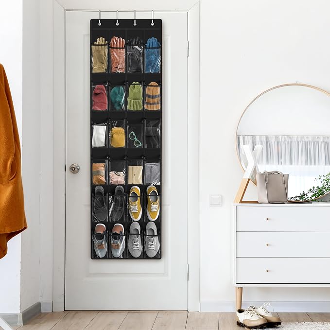 Simple Houseware 24 Pockets Clear Over the Door Shoe Organizer, Black | 64" x 19", 4 Durable Metal Hooks, 4.3" x 9.5" Pocket Size, Multipurpose