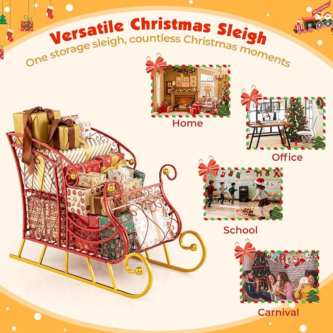Metal Santa Sleigh, Red Christmas Decoration Sleigh Cart w/ 2-Tier Large Cargo Area for Present, Santa’s Gift Sleigh for Home Lawn Yard, Outdoor Christmas Sleigh Basket for Holiday (Hollow)