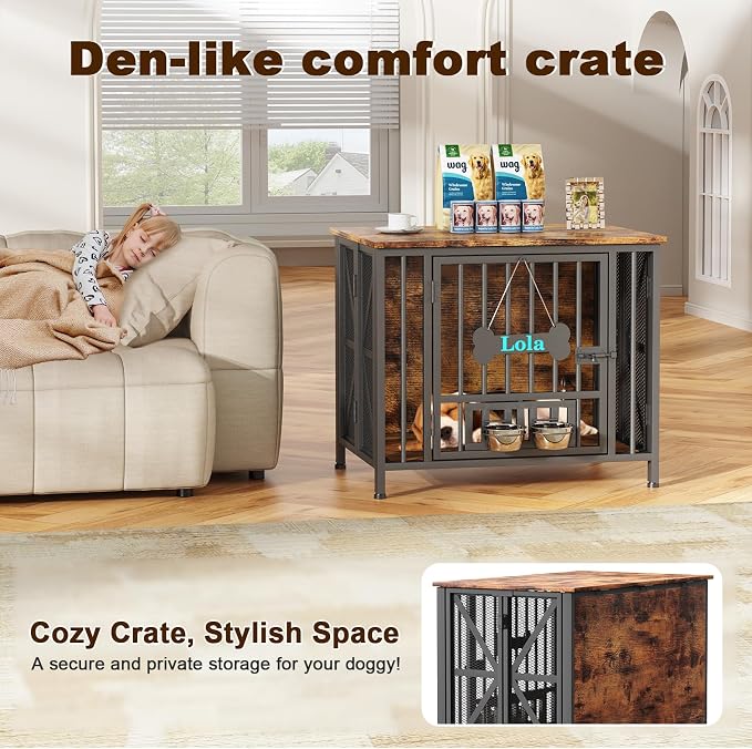 Easycom Dog Crate Furniture, 31.5" Assembly-Free Dog Crates for Small & Medium Dogs, Foldable Dog Kennel Indoor with Tag & Adjustable Dog Bowls, Wooden Dog Cage Use as End Table, Rustic Brown | Foldable Dog Crate Furniture, Wooden Dog Kennel Indoor