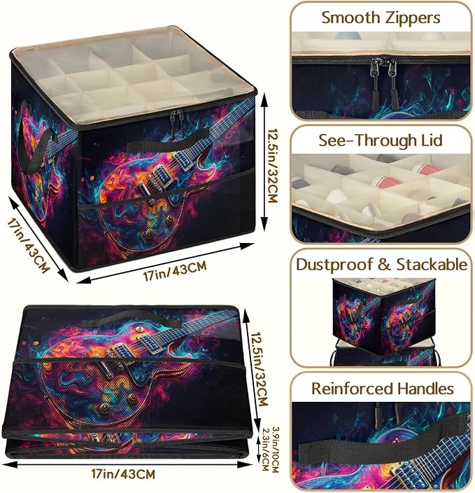 TropicalLife Colorful Swirls Guitar Shoe Organizer for Closet | Foldable Shoe Storage Organizer Box Bin with Adjustable Dividers and Clear Cover, Fits up to 16-32 Pairs