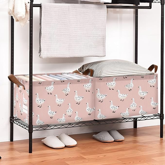 Simple Hand Draw Animal Geese Storage Basket Foldable Cube Storage Bins with Handles&Label Waterproof Organizer Box Bin Large Rectangle Decorative Baskets for Shelves Home Room Laundry, 2 Pack