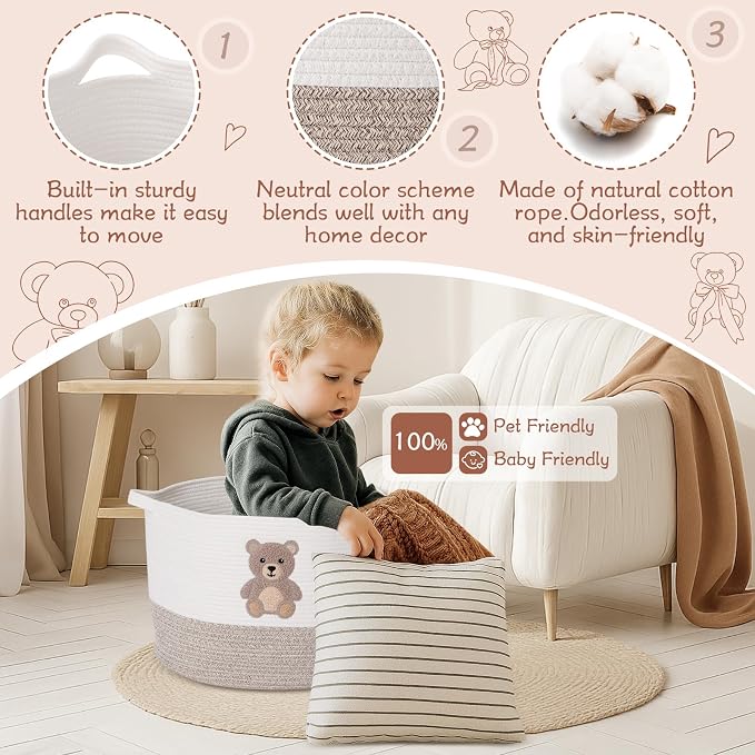 LemonRoad Extra Large Basket 20"x14", Woven Basket for Laundry Blanket Toy Box with Handle Storage, Blanket Storage for Living Room Nursery Pillows Chest(Cotton Rope,Funny Bear,Brown)