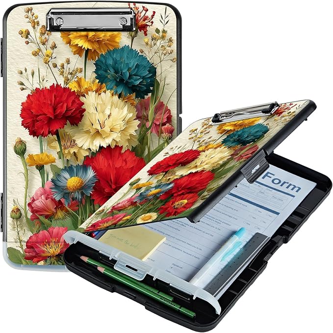 A4 Clipboard with Storage Pen Holder, Clipboards Organizer Nursing Clipboard Foldable File Folder Plastic Clipboard Folio Clip Board for Office Work Classroom Doctor, Pink Yellow Flowers