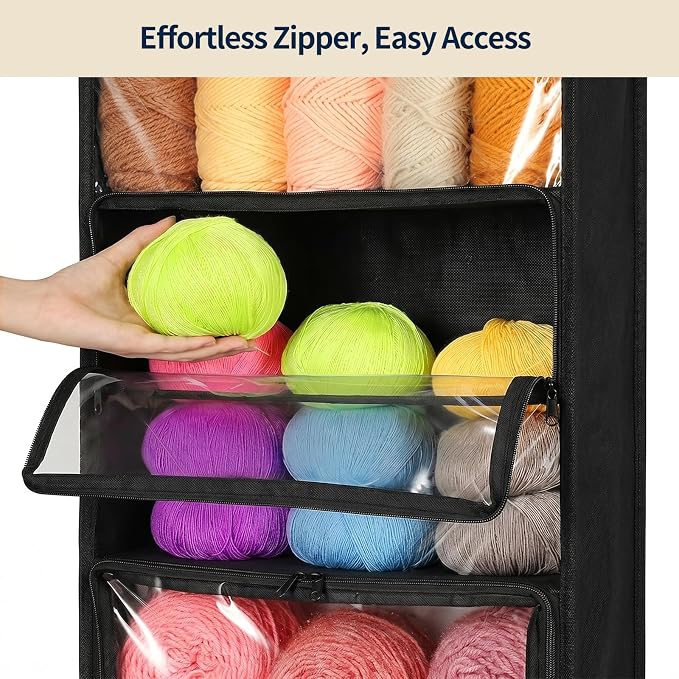 Yecaye Hanging Yarn Storage Organizer with 6 Zippered Closure Compartments, Heavy Duty Stuffed Animal Storage with Clear Full-Front PVC, Dustproof Yarn Holder for Crocheting Storage, Black 6 Tier